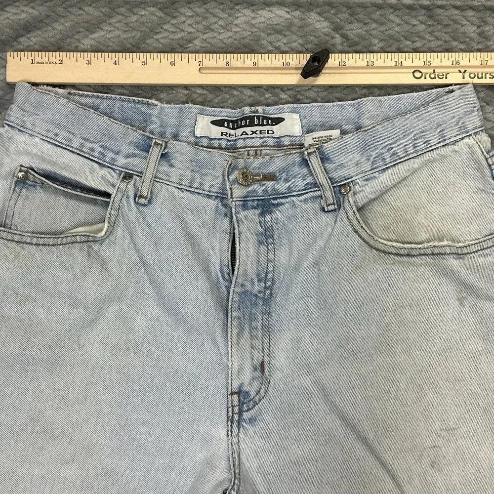 Y2K Anchor Blue Baggy Jeans 34x29 Thrashed Grunge Skater Distressed Vintage Pant